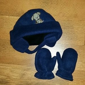 Carters Baby Boy Navy‎ Fleece Adorable Dog Flap Hat and Mittens Size 6-12M